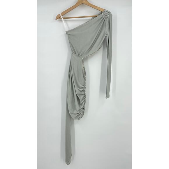Khanum's | NWT One Shoulder Sash Mini Dress in Silver Party Rhinestone Trim XS - Picture 3 of 16